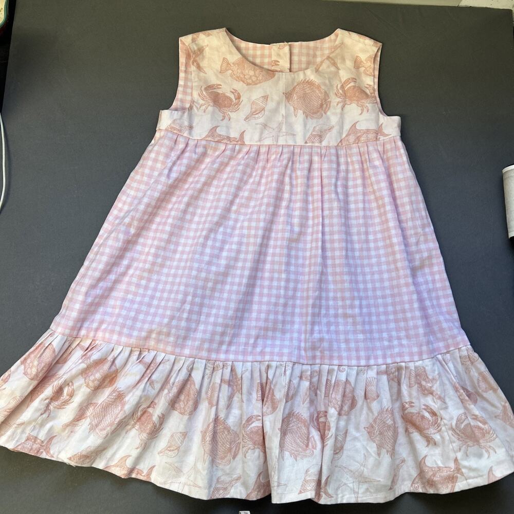 Handmade Pink Gingham Sea Life Cotton Dress 4T Beach Cottagecore Coastal Pastel